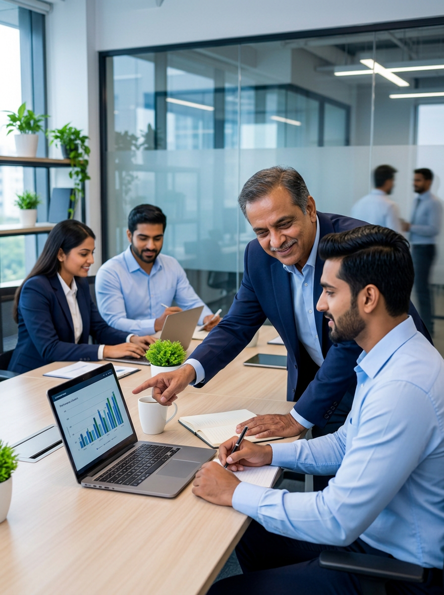 Professional team collaborating in a modern workplace